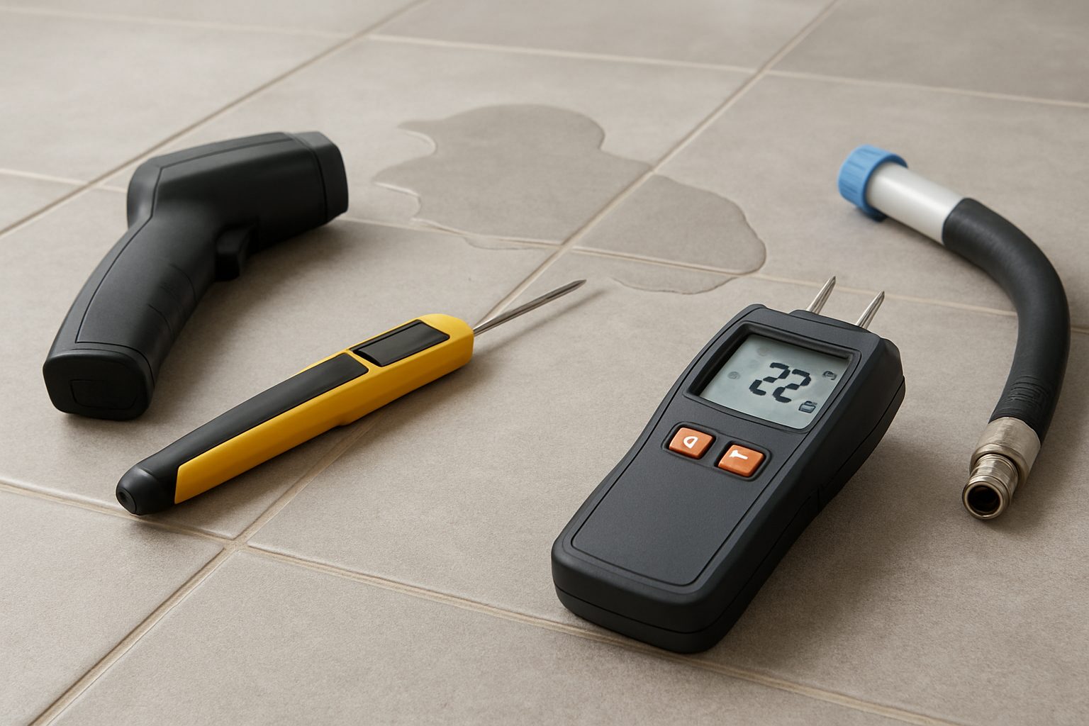 Various tools for leak detection on tiled flooring with a small water stain.