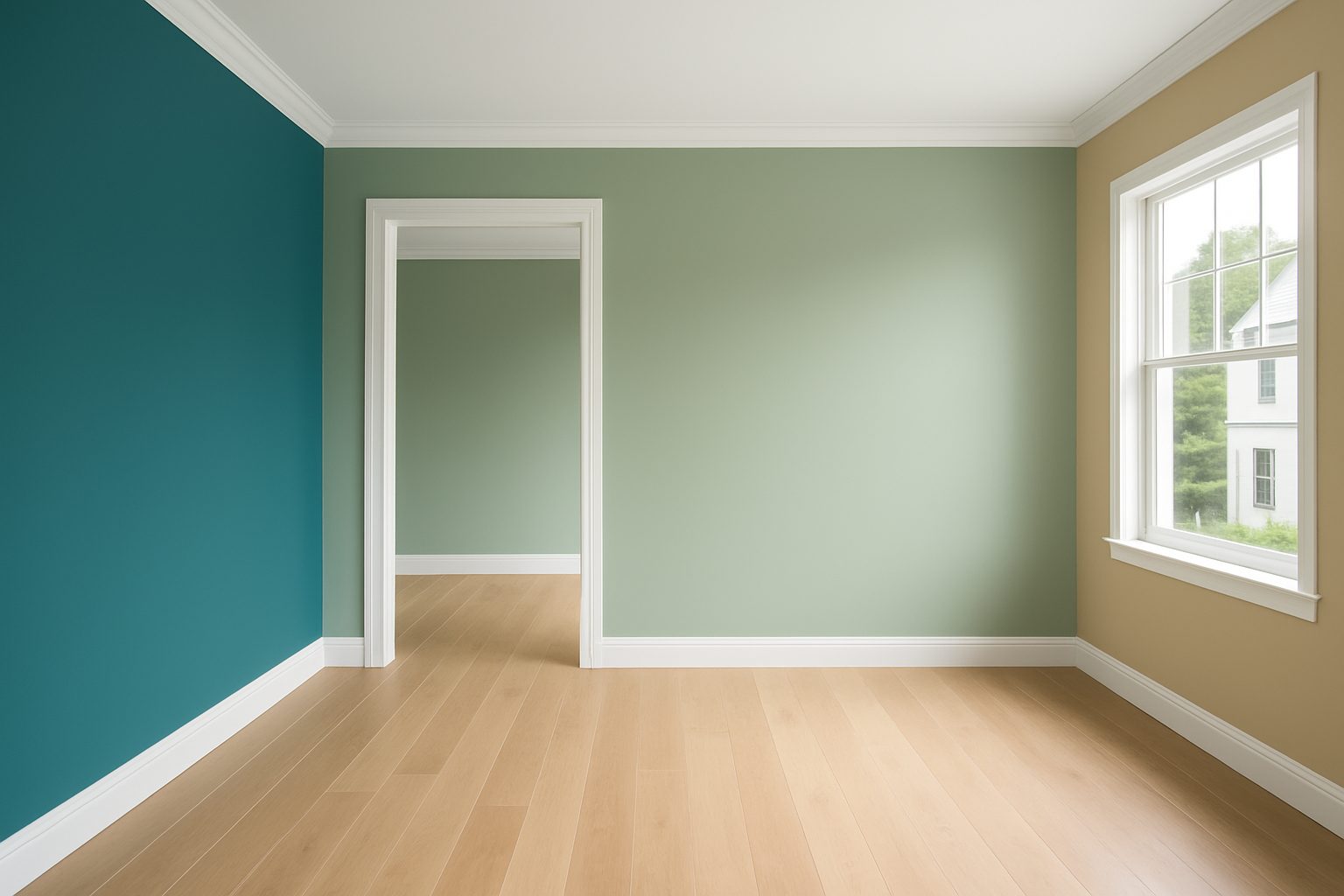 A modern interior room featuring three painted walls in different colors and wooden flooring.