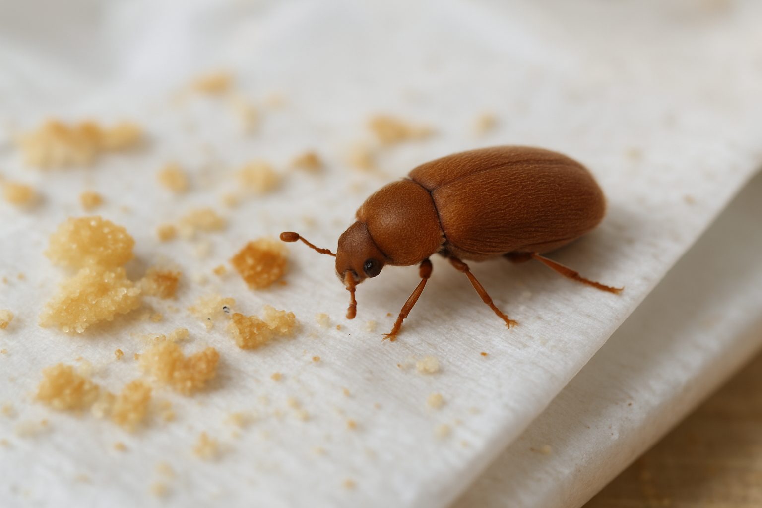 Close-up of a cigarette beetle on a surface with food crumbs
