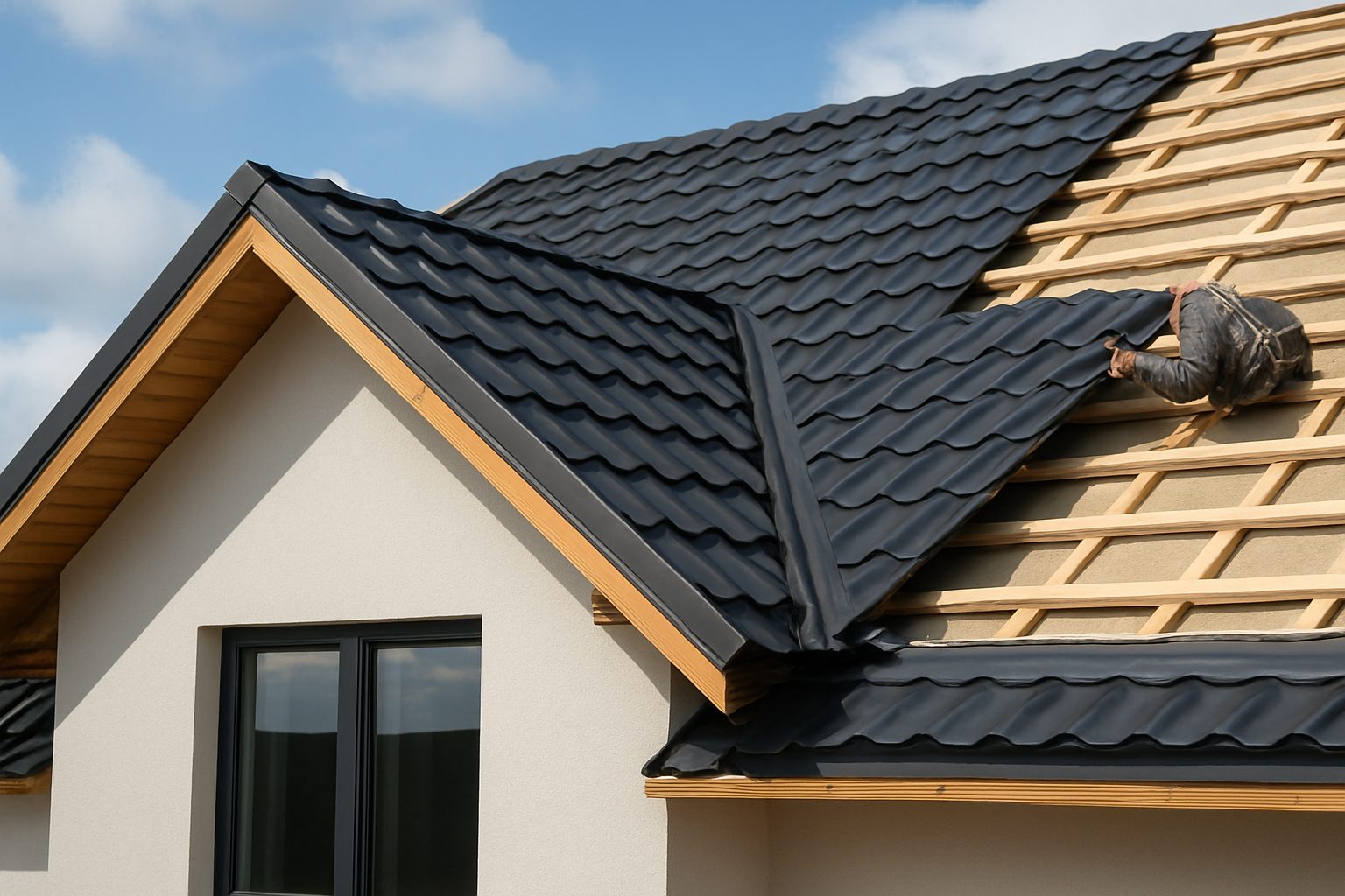 Close-up of a roof under construction with a worker installing black tiles on a wooden framework