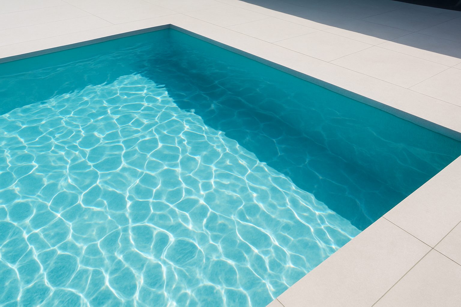 Close-up view of a clear swimming pool with sunlight reflecting on the water surface
