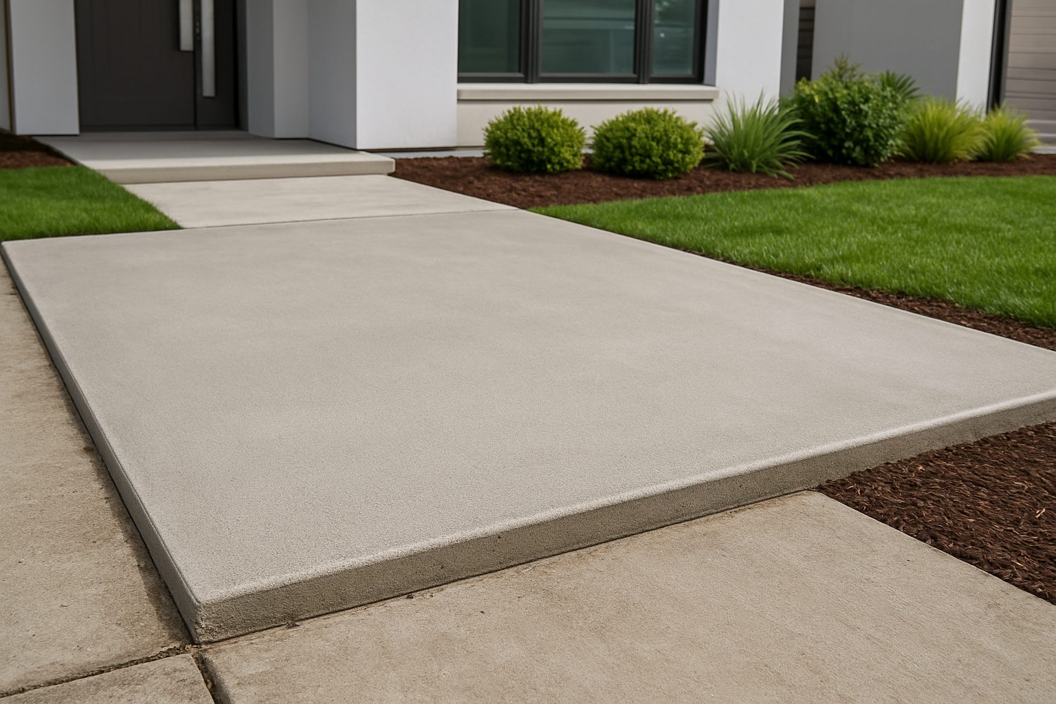 Close-up view of a smooth, durable concrete walkway leading to a modern house, surrounded by green grass and decorative
