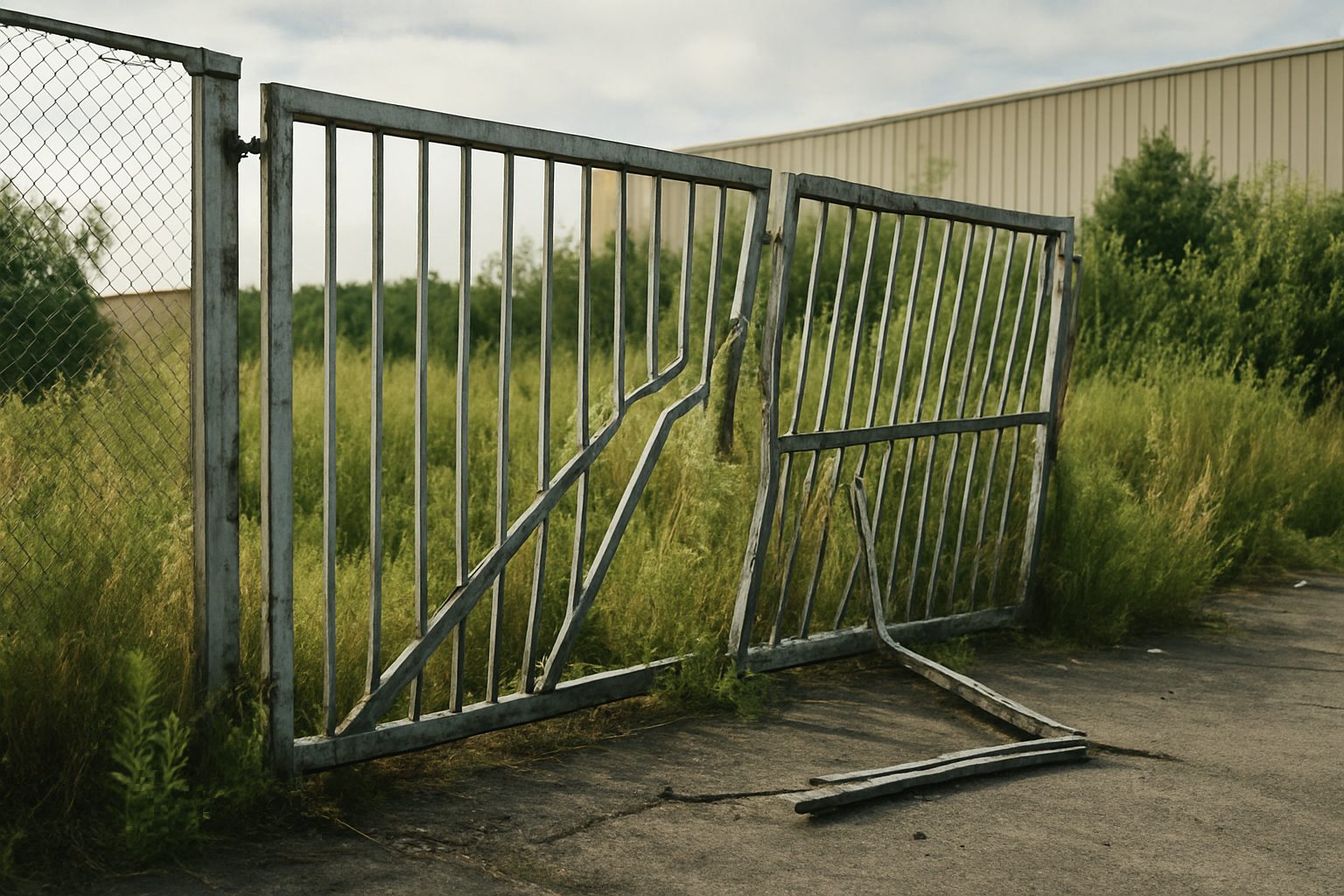 A broken metal gate with overgrown grass surrounding it.